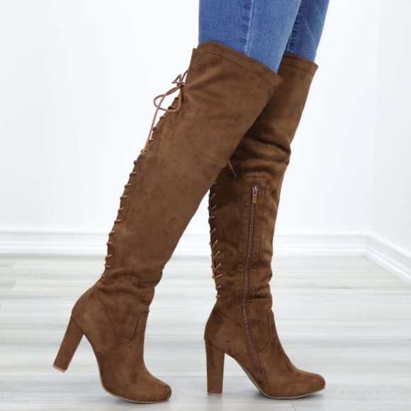 Suede Over The Knee Heeled Boots With Lace Up Back - Picture 10 of 13